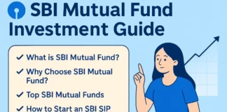 SBI Mutual Fund Investment Guide Hindi – शुरुआती निवेशकों के लिए पूरी जानकारी Illustration showing a woman pointing upwards beside a checklist titled "SBI Mutual Fund Investment Guide Hindi" on a light blue background, with topics like "What is SBI Mutual Fund?", "Why Choose SBI Mutual Fund?", "Top SBI Mutual Funds", and "How to Start an SBI SIP", alongside a rising graph indicating financial growth.