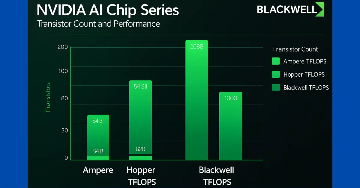 Bar chart comparing NVIDIA AI chip series – Ampere, Hopper, and Blackwell – showing transistor count and TFLOPS performance with green bars on dark background.