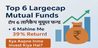 Top 6 Largecap Mutual funds with up to 39% Return in 6 Months Top 6 Largecap Mutual Funds with 39% return in 6 months – Hindi and English text with rupee symbol, growth chart, and investment bag illustration"