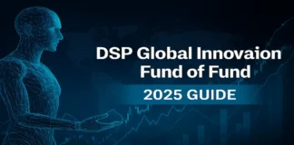 DSP Global Innovation Fund of Fund Kya Hai? 2025 Me Isme Invest Karna Sahi Rahega? DSP Global Innovation Fund of Fund ,Promotional featured image for DSP Global Innovation Fund of Fund 2025 Guide, showing a wireframe humanoid robot, global map, and stock market graph in blue futuristic theme